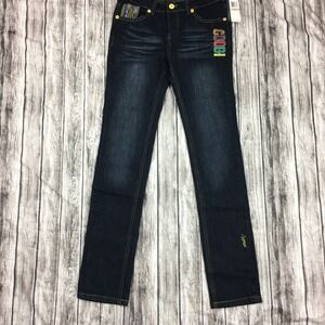 COOGI Girls Dark Indigo Denim Jeans Colorful Knit Pockets Gold Hardware Size 12